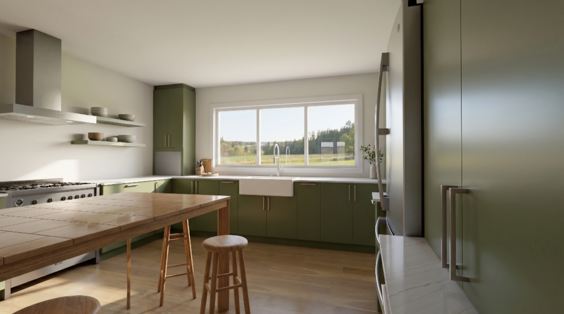 Modern kitchen with olive-green cabinets, a wooden island, and stools; large window over farmhouse sink overlooking a field.