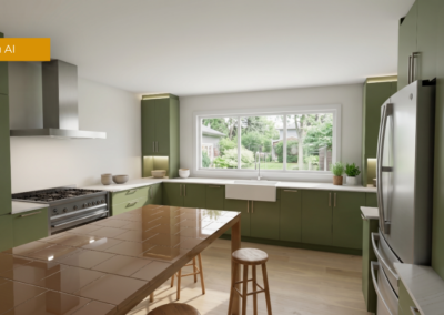 Modern kitchen with olive green cabinets, a brown tiled island, stainless steel range, and a large window over the sink.