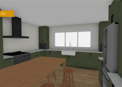 Modern kitchen with green cabinets, stainless steel range hood, and a wooden island with two stools by a large windowed sink area.