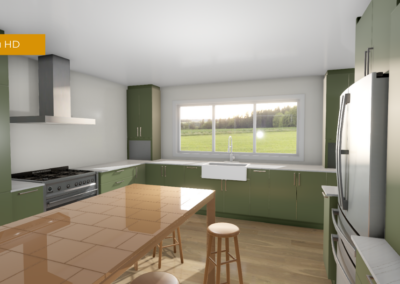 Modern kitchen with green cabinets, central glossy-tile island, stainless steel stove, and large window above the sink.