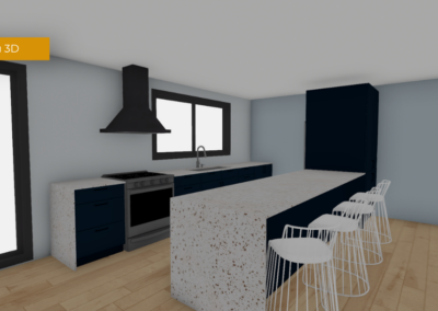 Modern kitchen with navy cabinets, a speckled island, and a row of white bar stools along a bar-height island. A stove with range hood sits against the wall with a window above the counter.