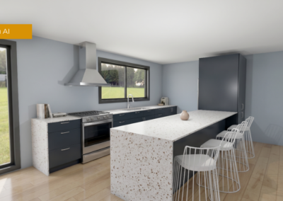 Modern kitchen with navy cabinets, white speckled island, stainless steel range and hood, and bar seating by a large window.