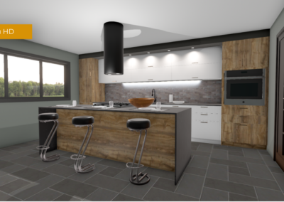 Modern kitchen with a wood-clad island, white cabinets, gray countertops, and a large window on the left.
