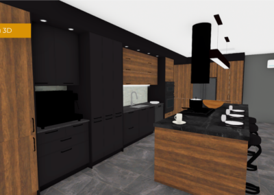 Modern kitchen with black and wood cabinetry, a central island with a dark countertop, and bar seating for four.