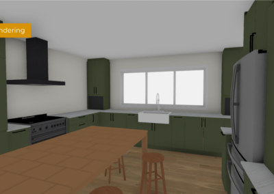 3d-rendered kitchen with olive-green cabinets, a wooden island, and stainless steel appliances under a large window over a sink.