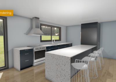 Modern kitchen with terrazzo island, stainless steel stove and hood, and bar-height white stools along the island.