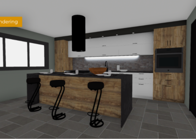 3d rendering of a contemporary kitchen with an island, bar stools, and built-in oven against wood cabinets.