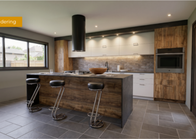 Modern kitchen with a dark wood island, three black stools, white upper cabinets, and a built‑in oven.