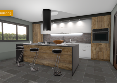 Modern kitchen with a large island, wood and white cabinets, gray tile floor, three black bar stools, and a large window.