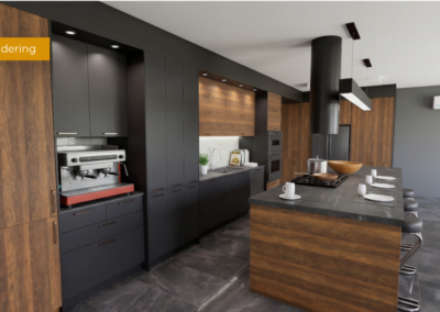 Modern kitchen with dark gray cabinets, wood panels, and a large island with a gas cooktop and bar stools