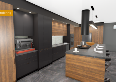Modern kitchen with dark cabinetry, wooden accents, and a central island with a cooktop and seating for four.